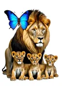 king male lion, beautiful female queen lion, 4 male cubs 1 smaller female princess cub. blue butterfly above tattoo design idea