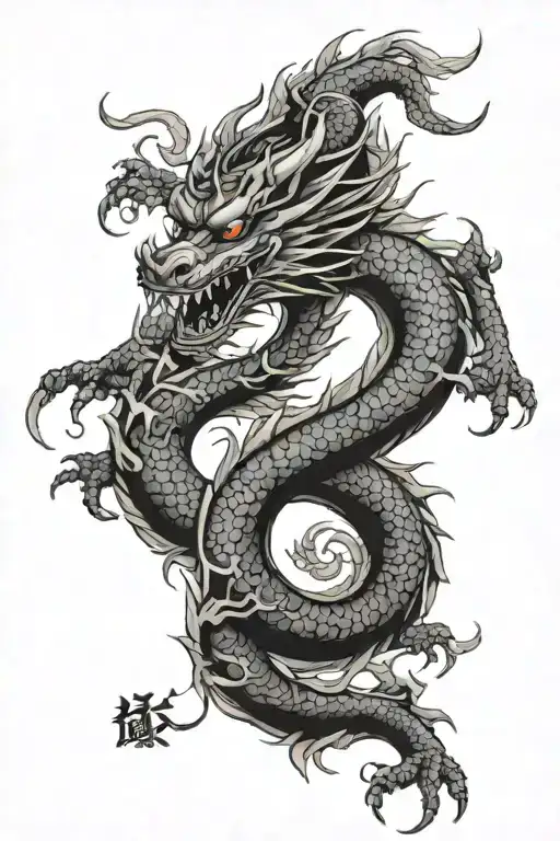 japanese dragon with message written vertically tattoo design idea