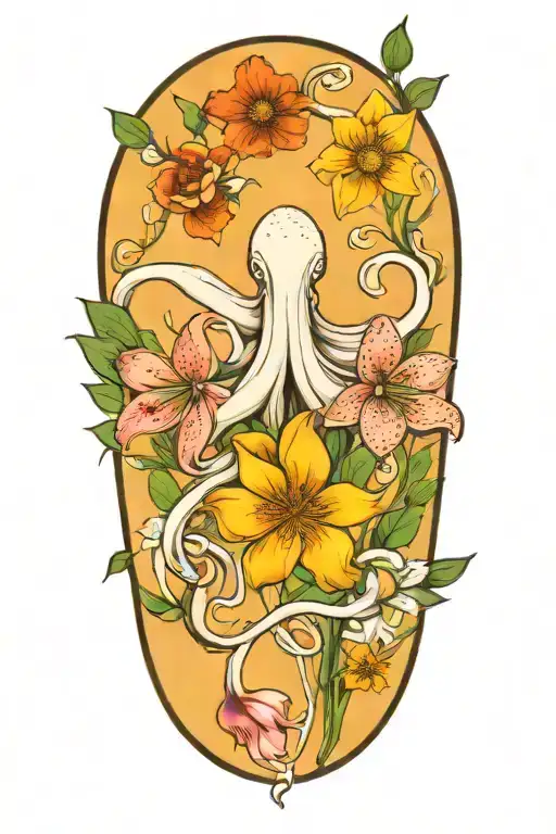 snowdrop, rose, marigold, octopus tentacles tattoo design idea