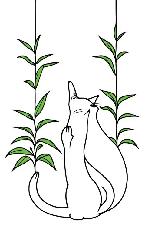 hanging spider plant with cat reaching tattoo design idea