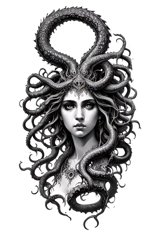 A captivating and detailed black and gray tattoo of Medusa, portrayed as a beautiful, mysterious woman. Her face should  tattoo design idea