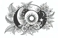 minimal sun moon and stars with leaves and floral connecting them, long and skinny for wrist tattoo design idea
