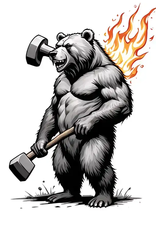 raging bear with a sledgehammer and flamebursts tattoo design idea