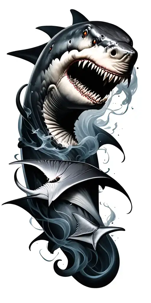 smoke wrapping arm sleeve with hammer head shark and manta ray tattoo design idea