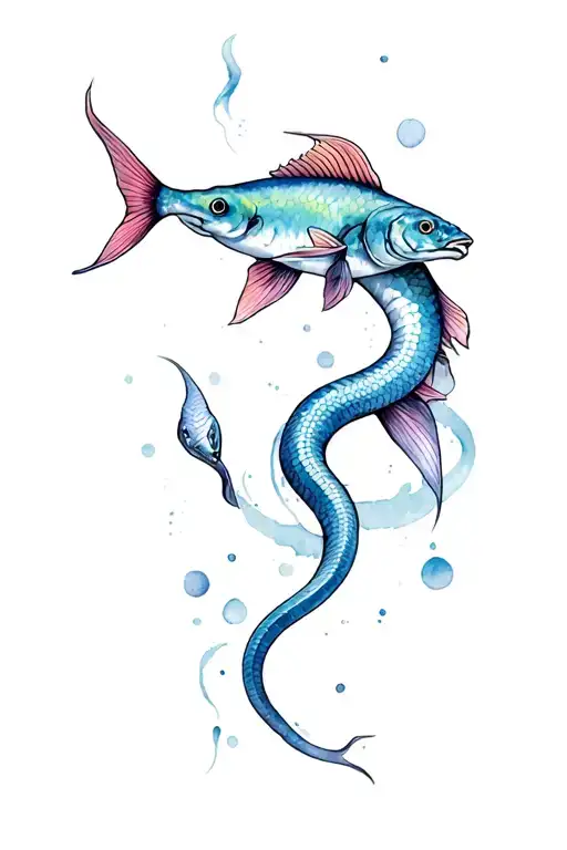 pisces fish with snake crawling tattoo design idea