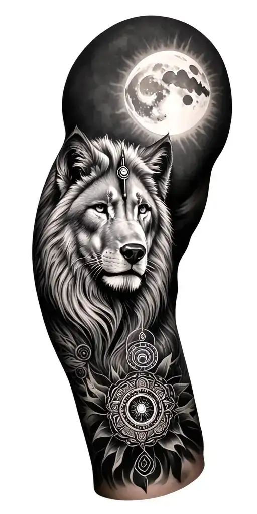 Generate a full sleeve tattoo which contains bike ride, lion, wolf, nature, spiritual, lord shiva, 7 chakras, sun, moon, tattoo design idea