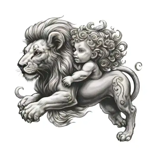 baby Cupid riding lion tattoo design idea