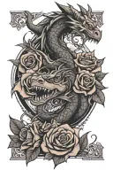 video game inspired tattoo featuring dragons and roses tattoo design idea
