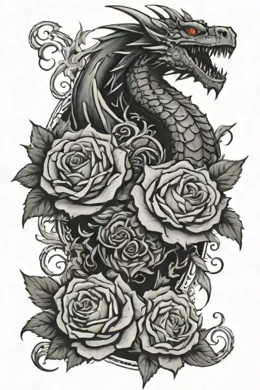 video game inspired tattoo featuring dragons and roses tattoo design idea