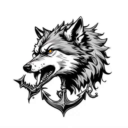snarling wolf, anchor, water tattoo design idea