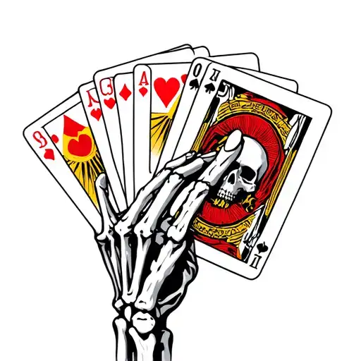 skeleton hand holding cards that symbolize karma, and death with sunshine Ray is coming out at the top with no color tattoo design idea