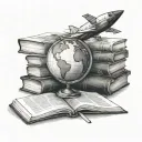 A globe in front of a stack of books with an apple and pencil in front and a paper airplane overhead tattoo design idea