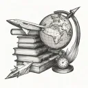 A globe in front of a stack of books with an apple and pencil in front and a paper airplane overhead tattoo design idea
