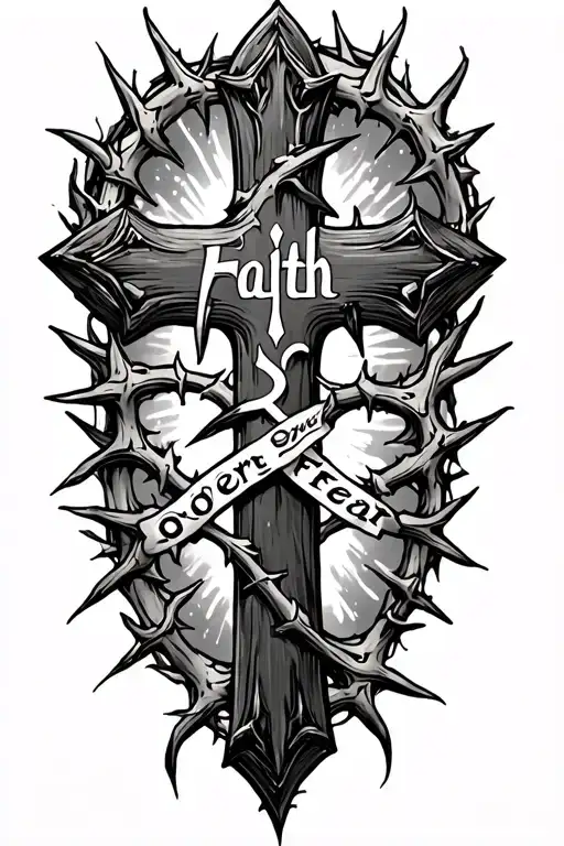 cross with thorns going around it from top to bottom with cool detail and saying Faith Over Fear forearm tattoo for men tattoo design idea
