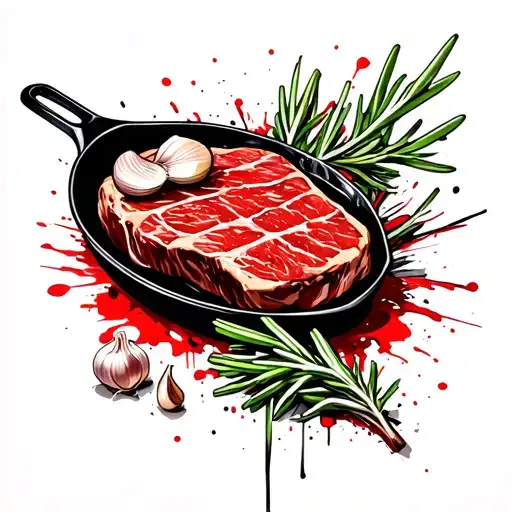 a steak, a clove of garlic, a sprig of rosemary and a cast iron pan in black and white ink. tattoo design idea