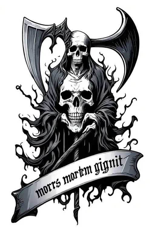 "mors mortem gignit" scythe with text inside blade tattoo design idea