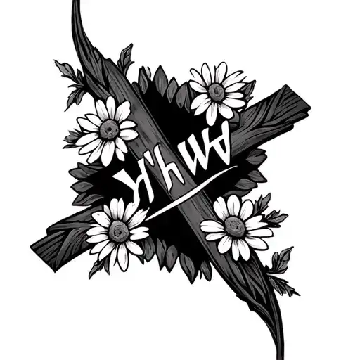 YHWH written inside a dainty cross intertwined with daisies tattoo design idea