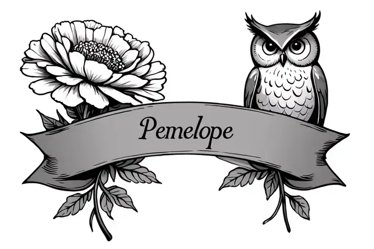  the name "Penelope" on ribbon with a greek font with a carnation flower to the left of the name and owl to the right tattoo design idea