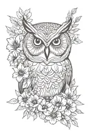 owl  with no geometric surrounded by cosmo flower and gladiolus flower tattoo design idea