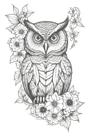 owl  with no geometric surrounded by cosmo flower and gladiolus flower tattoo design idea