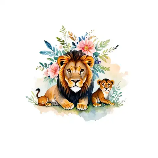 a lioness with flowers and feathers, with 3 lion cubs playing tattoo design idea
