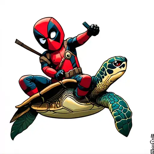 baby deadpool riding a sea turtle swimming tattoo design idea