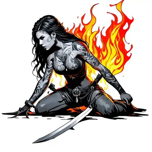 female warrior with a sword kneeling with colorful flames around her tattoo design idea