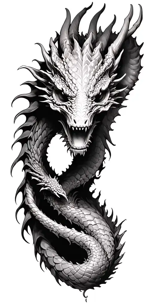 dragon wrapped, alien texture, skulls representing dark periods tattoo design idea