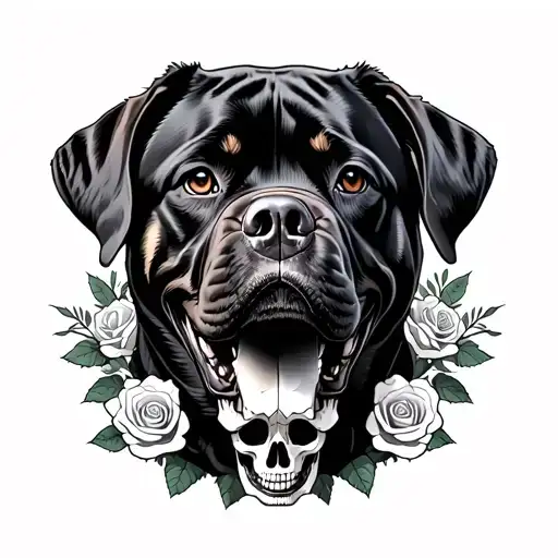 Rottweiler with roses and  skulls  tattoo design idea