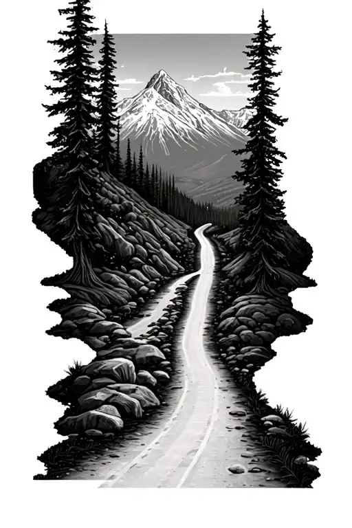 never ending road leading to a mountain landscape tattoo design idea