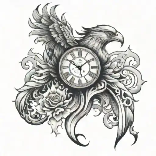 clock and Phoenix rising from flames tattoo design idea