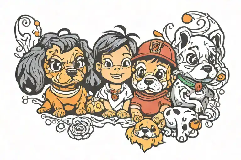 3 kids and a dog cartoon character surrounded tattoo design idea