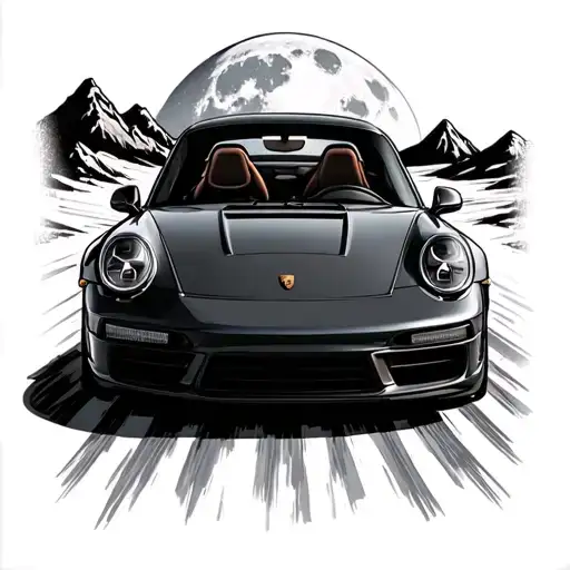 porsche 911 on a road with mountains in the back with the moon tattoo design idea
