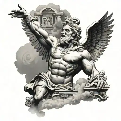 zeus with cloud background and rays with greek temples tattoo design idea