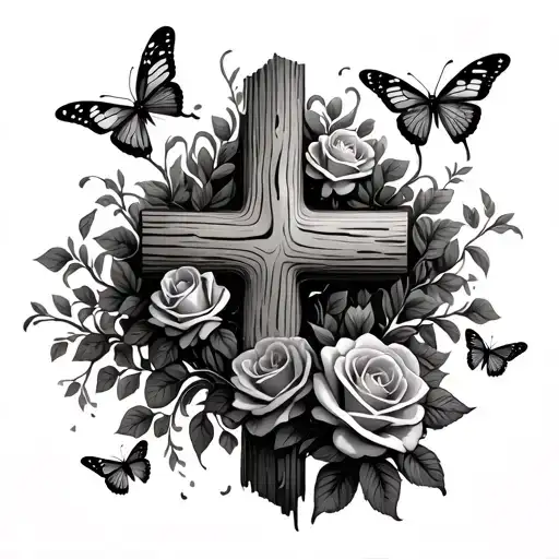 wood grain cross with vine wrapping around and lots of butterflies coming from roses tattoo design idea