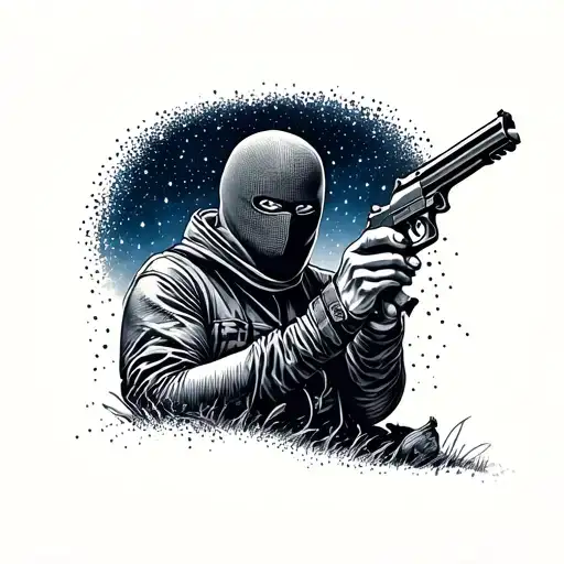 A dotwork tattoo of a person wearing a ski mask and holding a gun under a starry night sky tattoo design idea