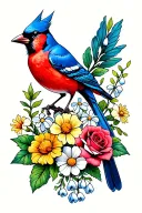 Blue jay, cardinal, roses, carnation, primrose, aster, daffodill, marigold and lilly of the valley with a little darknes tattoo design idea