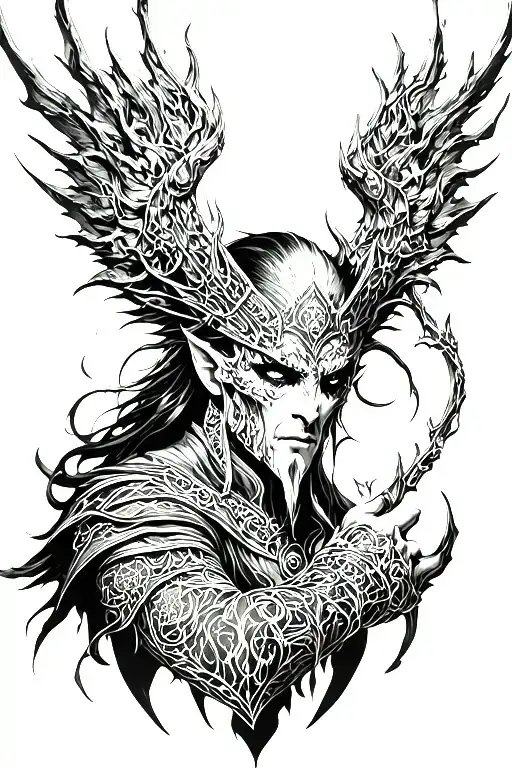 Dark fantasy tattoo inspired by Elden Ring, characters like Ranni and Malekith can be used (optional), full sleeve.  tattoo design idea
