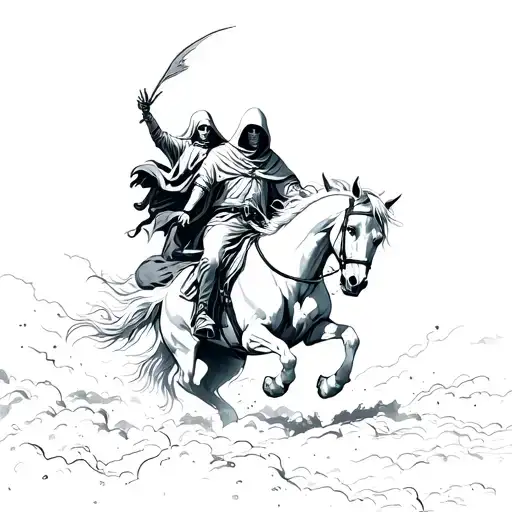 "reaper holding woman" hooded reaper riding horse galloping horse surrounded tattoo design idea