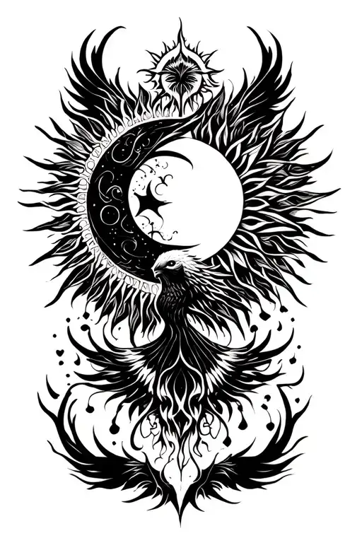 A whole back tattoo from shoulder to lower back with the design of sun , moon and a phoenix, make it aesthetic and kind  tattoo design idea