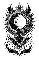 A whole back tattoo from shoulder to lower back with the design of sun , moon and a phoenix, make it aesthetic and kind  tattoo design idea