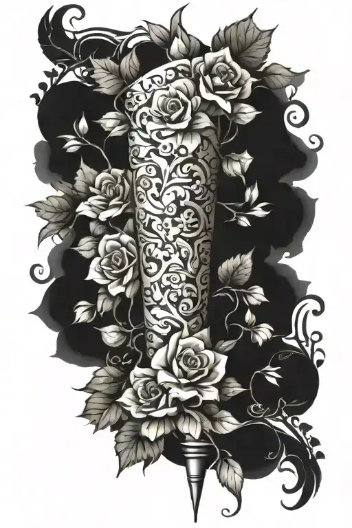 thigh tattoo, tapers off at the top, floral with ivy accents tattoo design idea