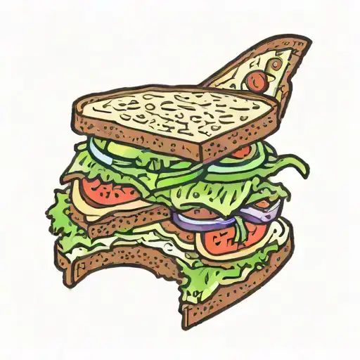 tattoo of tuna salad sandwich on thick sliced toasted bread with tomato, onion, cucumber.  tattoo design idea
