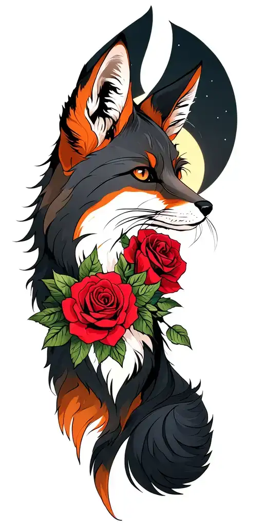 moon a fox and red roses tattoo design idea