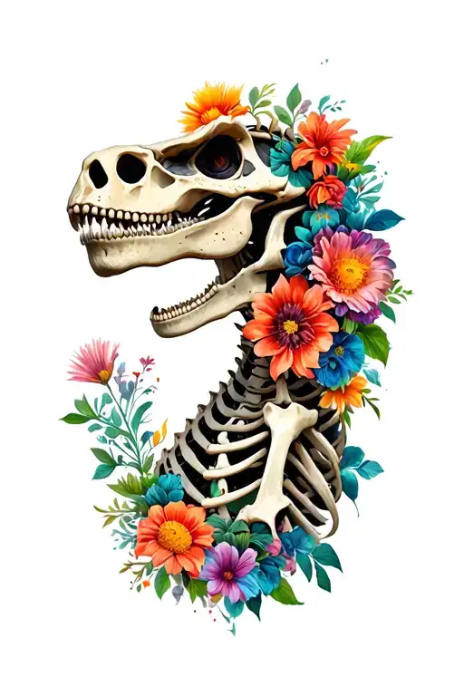 trex skeleton with flowers tattoo design idea