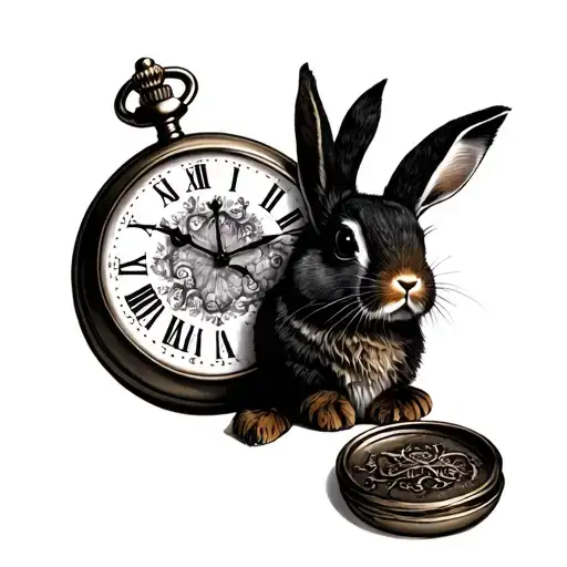 alice in wonderland pocket watch and rabbit dark tattoo design idea