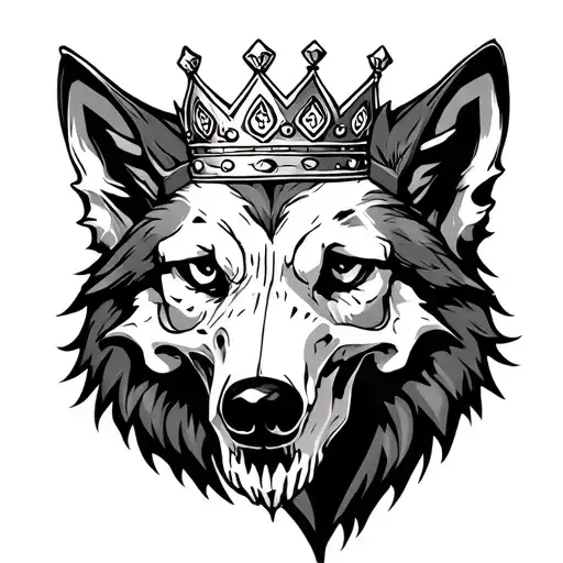 realistic wolf skull wearing a crown tattoo design idea