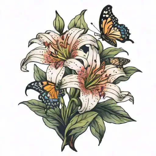 stargazer lily flower, 4 butterflies flying tattoo design idea