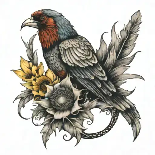 horseshoe with thistle and daffodils and pheasant feathers  tattoo design idea
