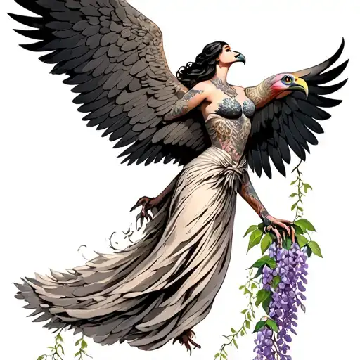 vulture with a women's body wings outstretched and long gown turning into wisteria's vines tattoo design idea
